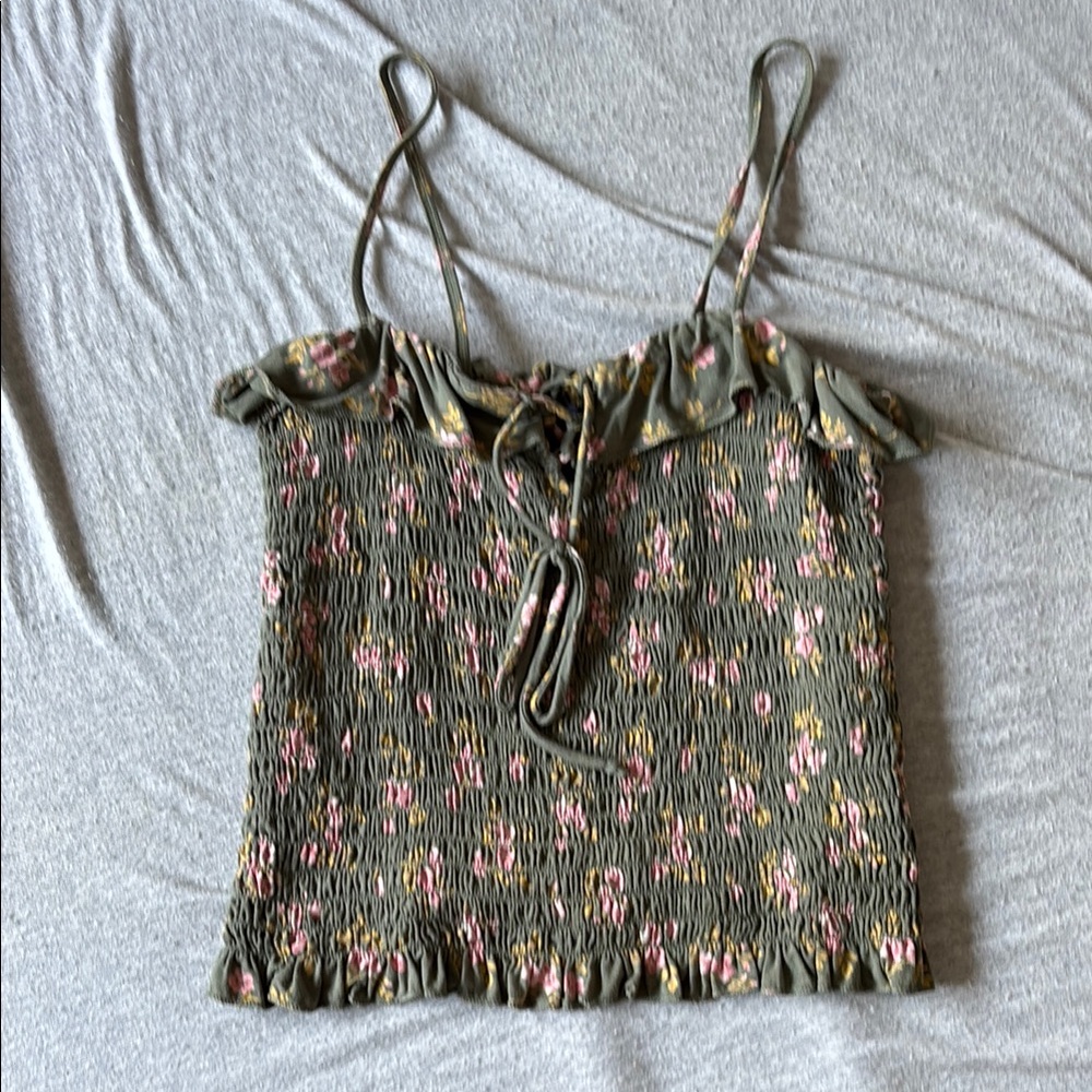 American Eagle Outfitters Pink and Green Smocked Camisole